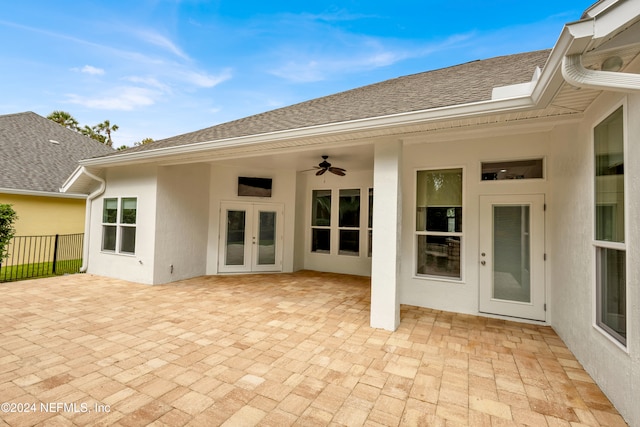 view of patio featuring ceiling fan and french doors