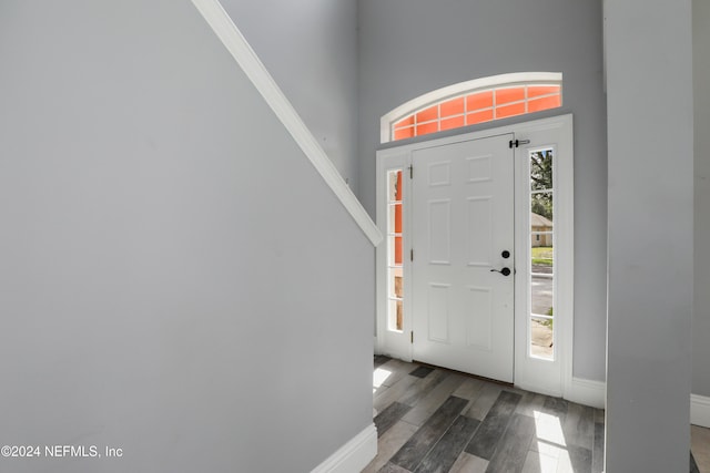 foyer featuring ornamental molding, dark hardwood / wood-style floors, and a towering ceiling