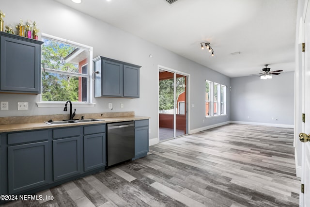 kitchen with a wealth of natural light, stainless steel dishwasher, sink, and light hardwood / wood-style flooring