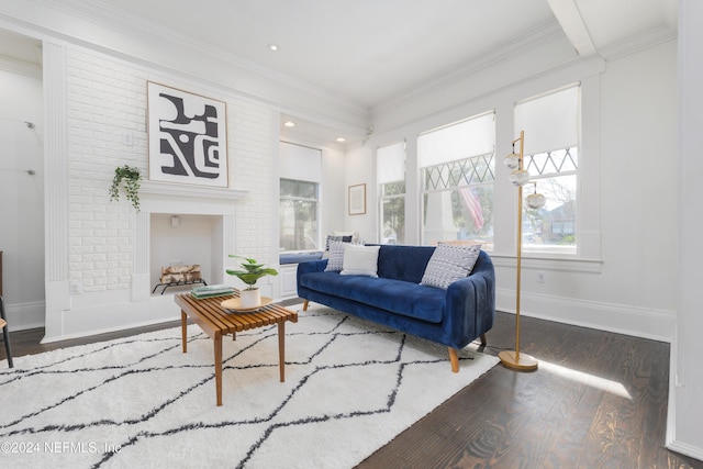 living room with dark hardwood / wood-style floors and crown molding