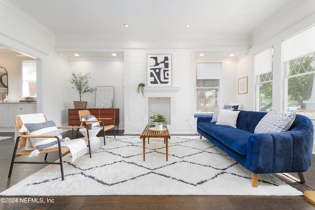 living room with ornamental molding and light hardwood / wood-style flooring