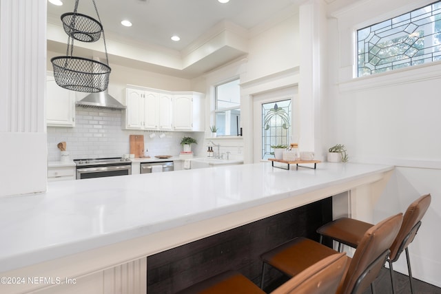 kitchen with appliances with stainless steel finishes, decorative light fixtures, white cabinetry, and ornamental molding