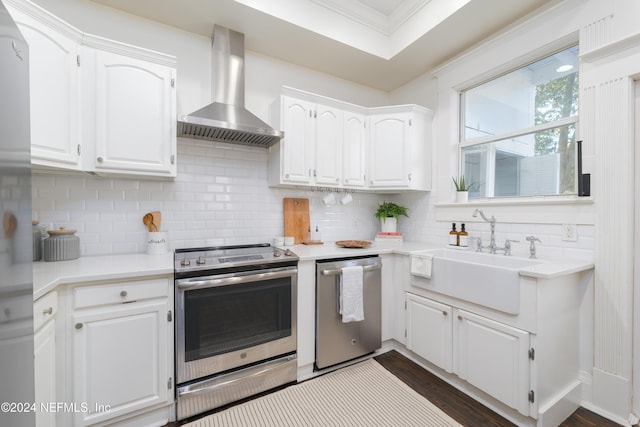 kitchen with white cabinets, sink, stainless steel appliances, and wall chimney range hood