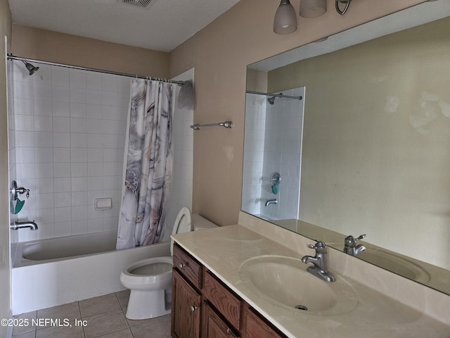 full bathroom featuring shower / tub combo, visible vents, toilet, tile patterned floors, and vanity