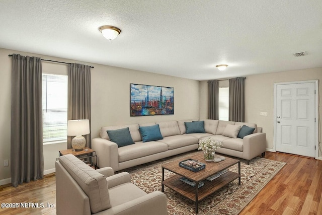 living room with a textured ceiling and hardwood / wood-style flooring