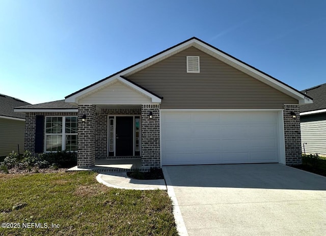 ranch-style house with a garage, a front yard, brick siding, and driveway