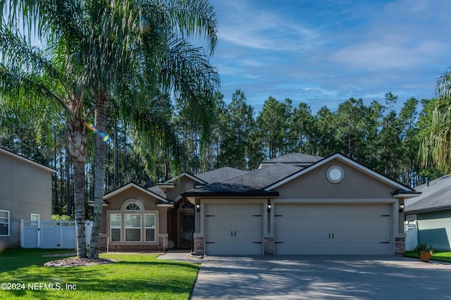 ranch-style home featuring a garage and a front lawn