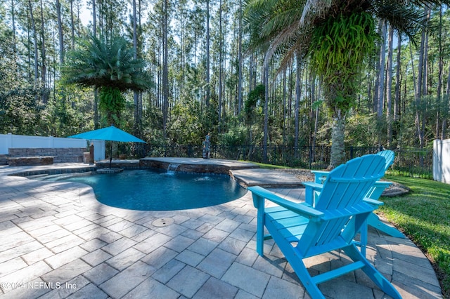 view of swimming pool featuring an in ground hot tub and a patio area