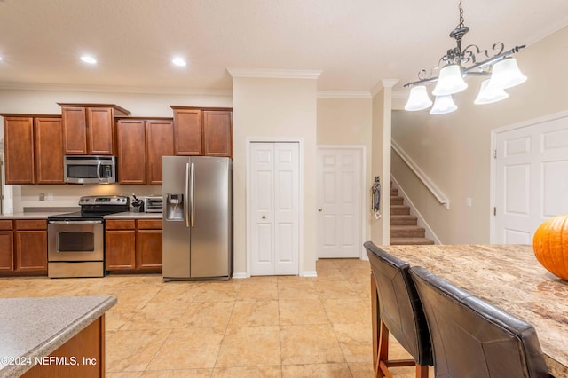 kitchen with stainless steel appliances, crown molding, light tile patterned floors, decorative light fixtures, and a chandelier