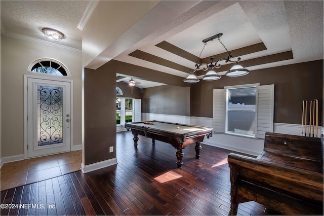 rec room with dark hardwood / wood-style flooring, a textured ceiling, ceiling fan, and pool table