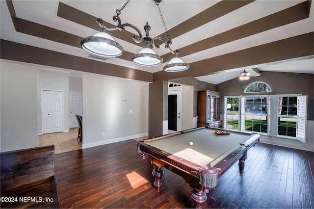 recreation room featuring lofted ceiling with beams, ceiling fan, wood-type flooring, and billiards