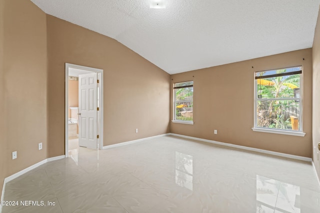 empty room featuring vaulted ceiling, a textured ceiling, and a wealth of natural light