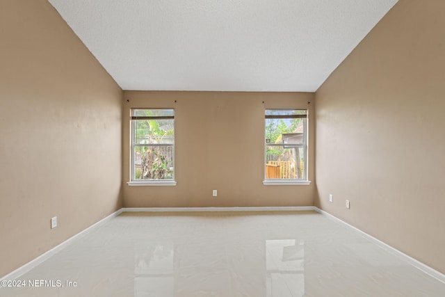 empty room with vaulted ceiling, a textured ceiling, and a healthy amount of sunlight