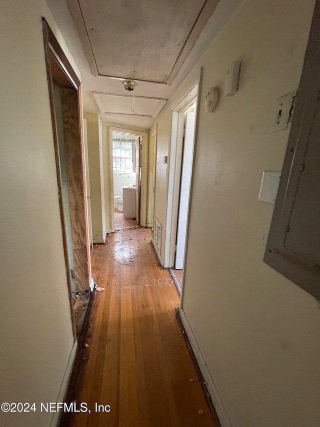 hallway with light hardwood / wood-style floors and electric panel