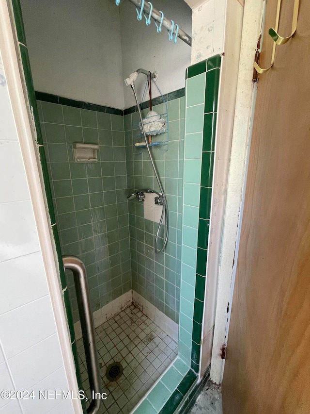 bathroom featuring a shower with shower door