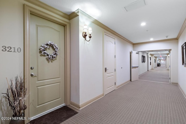 hall featuring ornamental molding and carpet floors