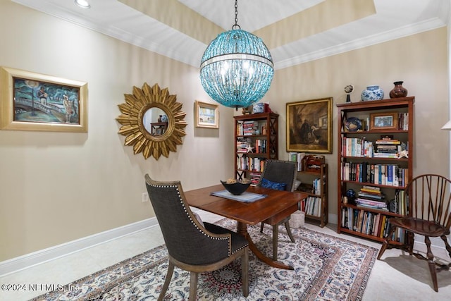 home office with a tray ceiling, a notable chandelier, crown molding, and light tile patterned floors