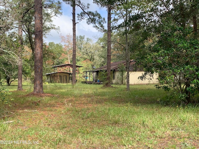 view of yard featuring a storage unit