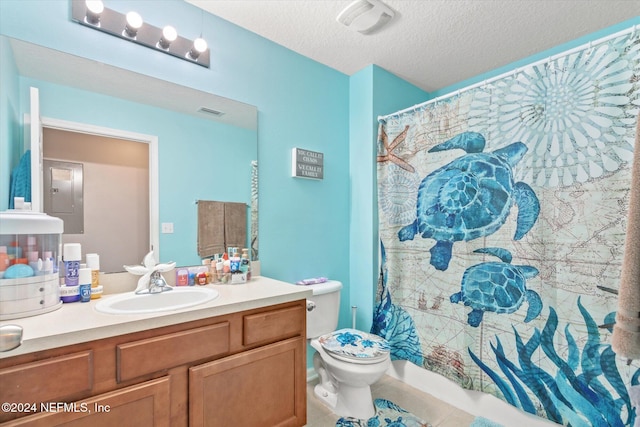 full bathroom with electric panel, shower / tub combo, a textured ceiling, toilet, and vanity