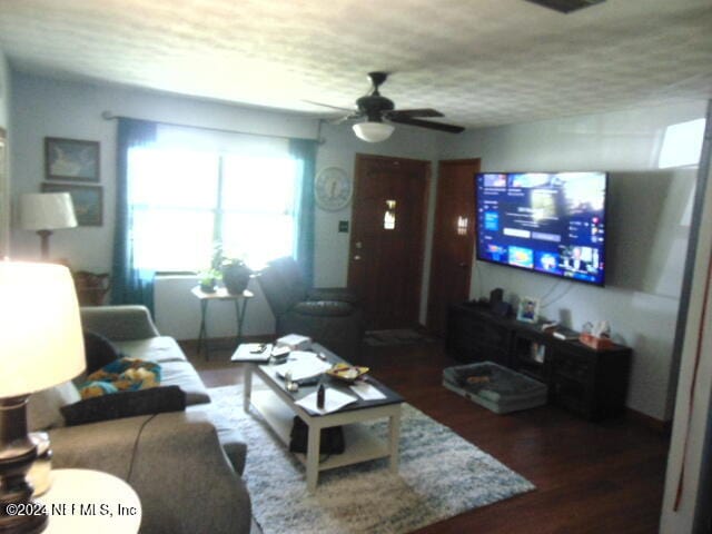 living room featuring dark wood-type flooring and ceiling fan