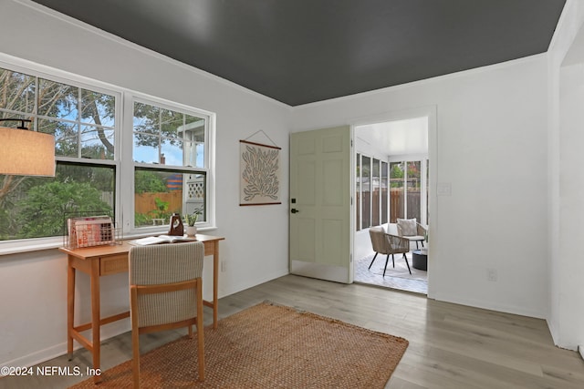 home office featuring crown molding, a healthy amount of sunlight, and light wood-type flooring