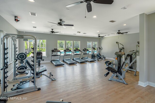 488 Coastline Way, Saint Augustine, FL 32092 - workout area featuring a ceiling fan, baseboards, recessed lighting, and light wood-style floors
