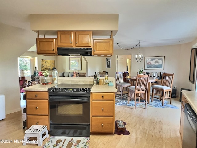 kitchen featuring light wood-type flooring, range hood, dishwasher, and electric range