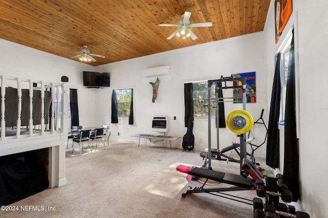 exercise area featuring heating unit, ceiling fan, wooden ceiling, carpet flooring, and an AC wall unit