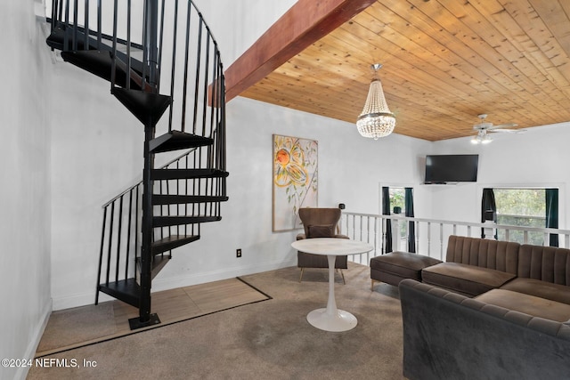 living room featuring a towering ceiling, wooden ceiling, beamed ceiling, and ceiling fan with notable chandelier