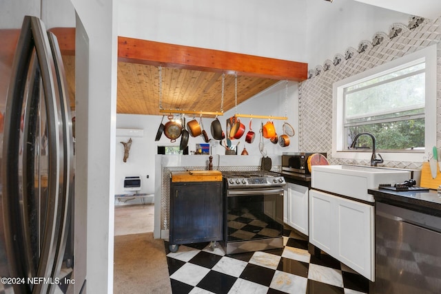 kitchen featuring sink, white cabinetry, stainless steel appliances, wooden ceiling, and heating unit