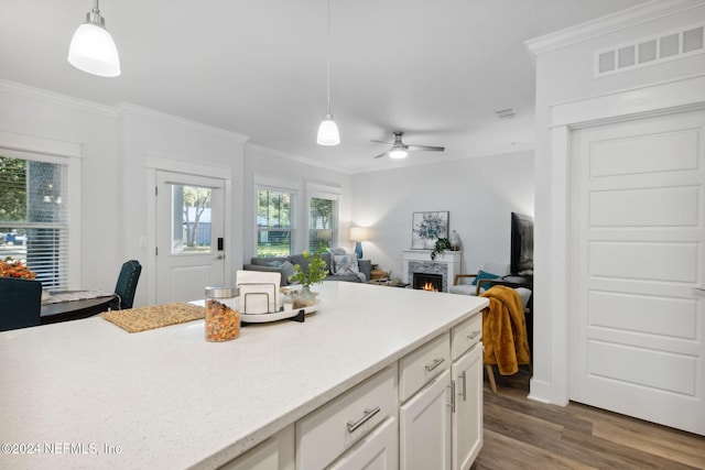 kitchen with ornamental molding, white cabinets, hardwood / wood-style flooring, and hanging light fixtures