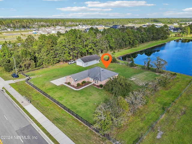 bird's eye view with a water view