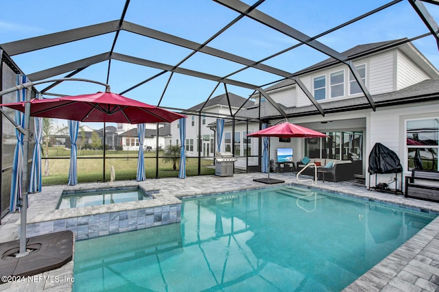 outdoor pool featuring a patio area, outdoor lounge area, a lanai, and an in ground hot tub