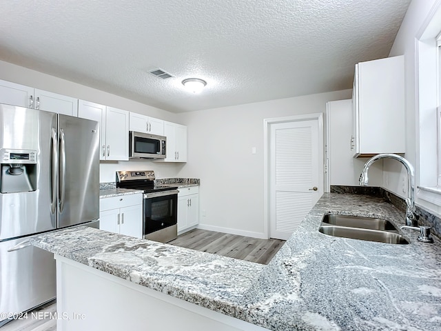 kitchen with white cabinets, appliances with stainless steel finishes, light stone countertops, light hardwood / wood-style floors, and sink