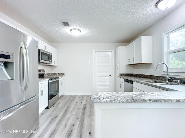 kitchen featuring appliances with stainless steel finishes, sink, a textured ceiling, white cabinetry, and light hardwood / wood-style floors