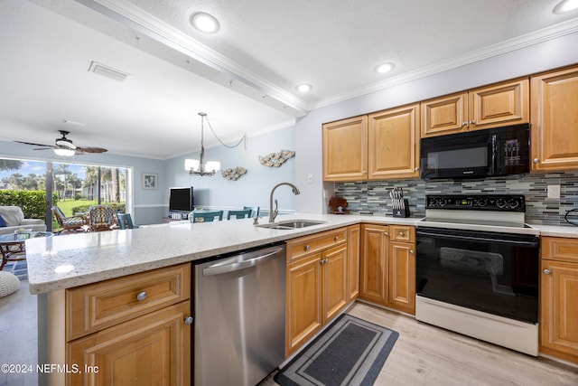 kitchen featuring kitchen peninsula, ornamental molding, sink, dishwasher, and white range with electric cooktop