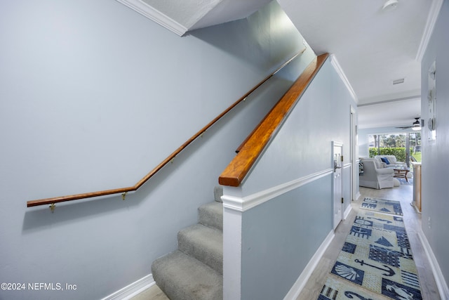 stairs featuring hardwood / wood-style flooring, ceiling fan, and ornamental molding