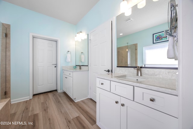 bathroom featuring a shower with door, vanity, and wood-type flooring