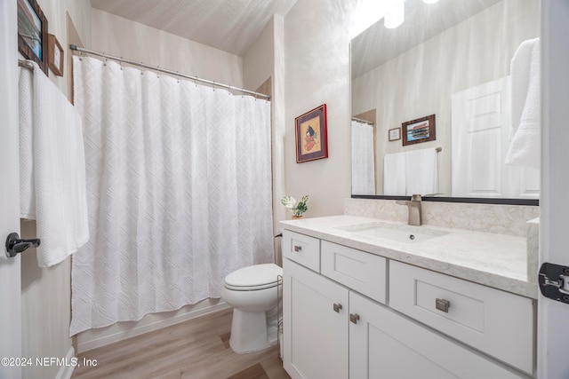 bathroom with vanity, curtained shower, wood-type flooring, and toilet