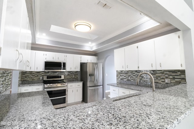 kitchen featuring white cabinets, decorative backsplash, appliances with stainless steel finishes, and a tray ceiling