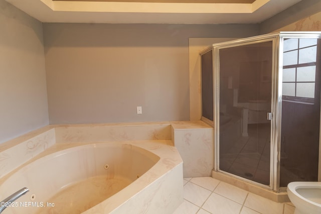 bathroom with tile patterned floors and plus walk in shower