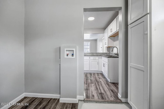 kitchen with white cabinetry, sink, and dark wood-type flooring