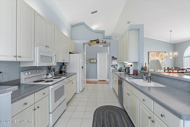 kitchen with sink, white cabinets, hanging light fixtures, and white appliances