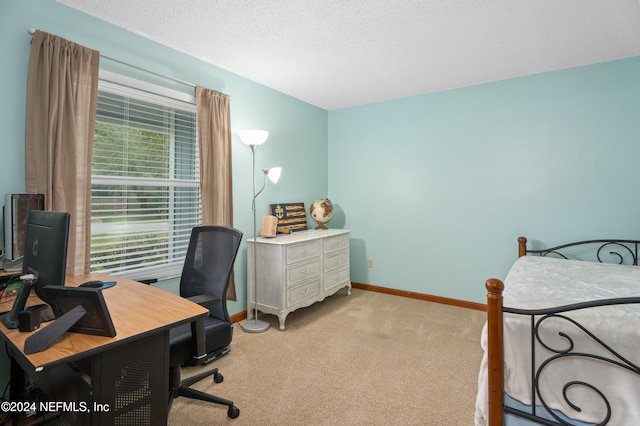 carpeted office with a textured ceiling