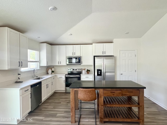 2320 Dallas Creek Ln, Green Cove Springs, FL 32043 - kitchen with appliances with stainless steel finishes, a sink, wood finished floors, white cabinetry, and a textured ceiling