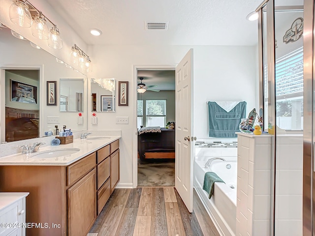 bathroom with vanity, a tub to relax in, a healthy amount of sunlight, and hardwood / wood-style floors