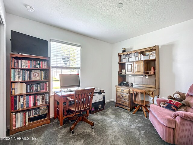 carpeted office space with a textured ceiling