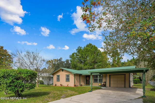 single story home featuring a front yard and a garage