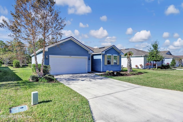 single story home with a garage and a front yard