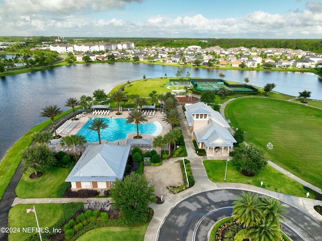 bird's eye view with a water view